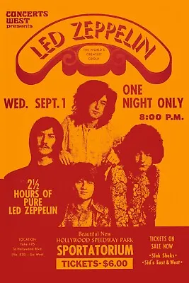 $12 • Buy Jimmy Page & Plant Led Zeppelin At Hollywood Speedway Concert Poster 1971  12x18
