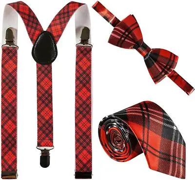 3pc Burns Night Red Tartan Braces Tie Bow Tie Scottish Novelty Adult Fancy Dress • £6.99