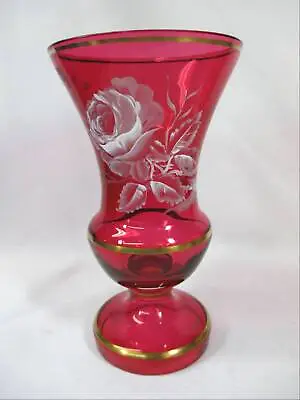 Artist Signed Mary Gregory Style Cranberry  Glass Vase With Hand-painted White  • $24.99
