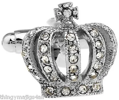 £6.49 • Buy Pair Royal Silver Crown & Diamante Cufflinks Shirt Novelty King Mens Wedding