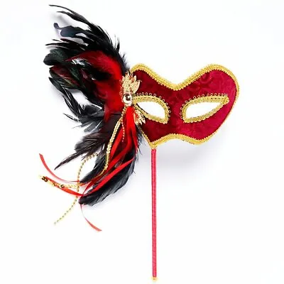 £16.99 • Buy Red & Gold Masquerade Ball Mask On Stick With Feathers, Fancy Dress Party
