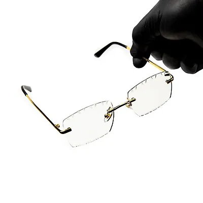Men's Gold Wire Frame Rimless Diamond Cut Clear Lens Vintage Hip Hop Glasses • $10.99