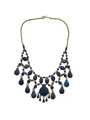 GORGEOUS Moroccan Style Lapis Lazuli Wood Silver Beads Statement Dangle Necklace • $129.99