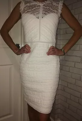 Lipsy White Cream Lace Bodycon Dress 12 UK Evening Occasion Wedding Party Hen Do • £29.99