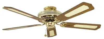 Fantasia Classic 52in Polished Brass Ceiling Fan Oak Cane Mahogany Blades 110019 • £169.98