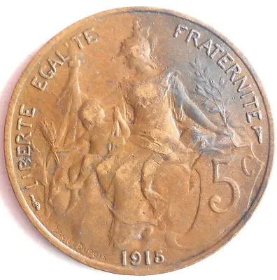 1915 FRANCE 5 CENTIMES - Excellent Vintage Coin - FREE SHIP - France Bin #8 • $7.99