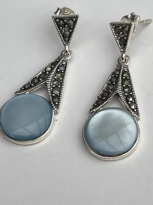 Blue Mother Of Pearl And Marcasite Earrings Sterling Silver Length 4.4 Cm Long • £19.90