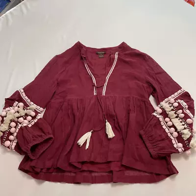 Anthropologie Vineet Bahl Pom Pom Burgundy Tunic Top Size Medium • $39.99