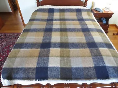 AVOCA THE MILL 70% Mohair 30% Wool BLUE BROWN GRAY CHECK Fringed 57  X 70  THROW • $65