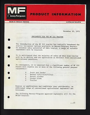 $20 • Buy Massey Mf210 Tractor Implements 5 Page Product Information Bulletin Nov 78