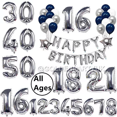 £10.99 • Buy Silver Happy Birthday Navy Blue Balloons Foil Banner Number 16/18/30th Age Decor