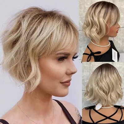 Choppy Bobs Wavy Hairstyle Blonde Mix Dark Top Synthetic Hair Wigs Women Natural • $24.19