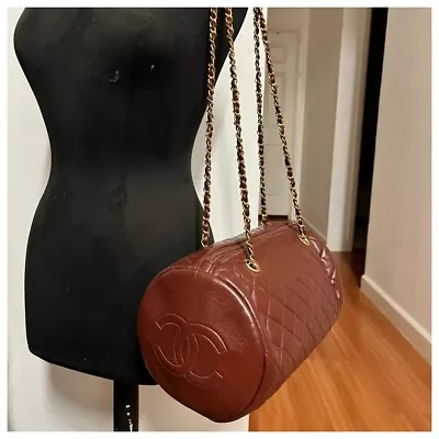 Authentic Vintage Chanel Burgundy Leather Quilted CC Logo Cylindrical Chain Bag  • $1250