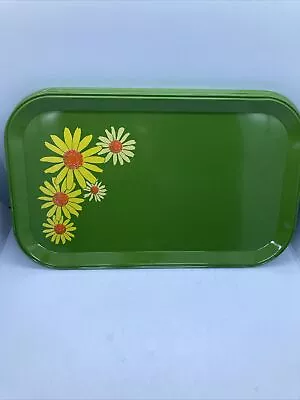 (6) Vintage Avocado-Green Metal Trays With 5 Daisies MCM • $26.99