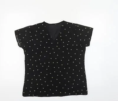 £3.50 • Buy Preworn Womens Black Polka Dot Polyester Basic T-Shirt Size 12 V-Neck