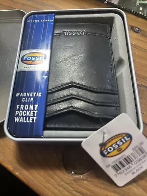 NWT Fossil Black Leather Magnetic Money Clip Front Pocket Wallet W/Fossil Tin • $18