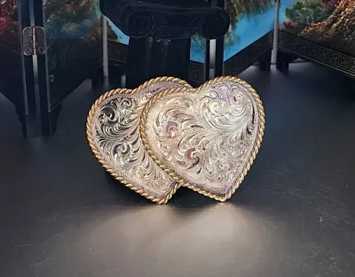 Vintage Woman’s Montana Silversmith Belt Buckle Double Hearts In Natural Patina • $34.90