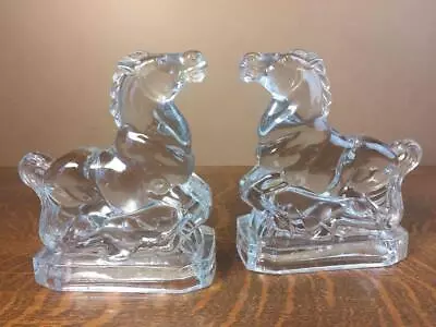 Pair Vintage 1940s New Martinsville Clear Glass Crystal Horses Bookends Lot Set • $115