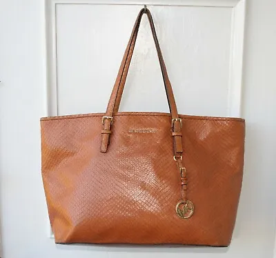 Michael Kors XL Tan Woven Leather Jet Set Carryall Tote Bag W/ Laptop Sleeve • $79