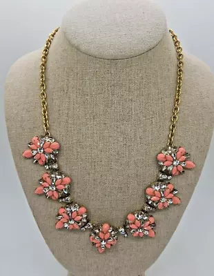 J Crew Opaque Pink And Clear Crystal Gold Tone Floral Statement Necklace • $25