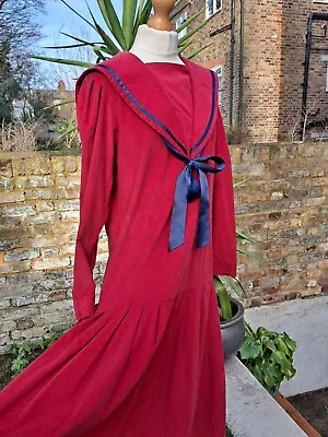 Laura Ashley Sailor Dress Vintage Corduroy Nautical Collar Bow Red Navy 80s Med • £149