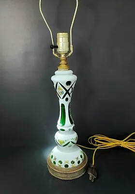 VTG Bohemian Czech Moser Crystal White Overlay Cut To Emerald Green Table Lamp • $269.72