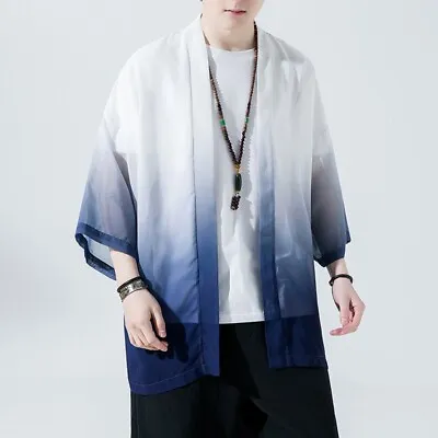 Mesh Men Kimono Jacket Coat Chiffon Cardigan Gradient Color Yukata Summer • £25.13