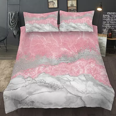 Pink Marble Floral Quilt Doona Duvet Cover Set Queen King Size New Bedding Linen • £12.45