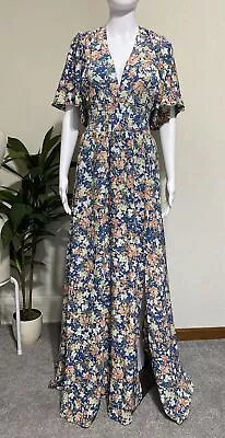 Baltic Born Women's Sz 16/18 Verona Smocked Maxi Dress Blue Floral V Neck Lined • $42.45