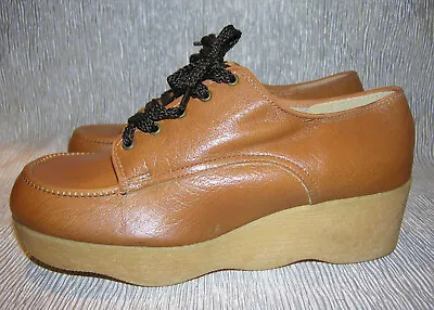 New Sz 7 Vintage  60s 70s Wavy Heel /sole Platform Shoes Oxfords Crepe Gum Earth • $32