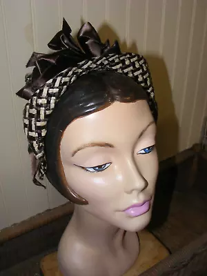 Vintage 40s Hat Millinery Brown Cream Cellophane Straw Headband Satin Ribbon • $44.99