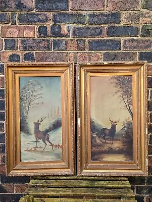 £180 • Buy Pair Of Large Late 19th Century Oil On Canvas Antique Deer Stag Hunting