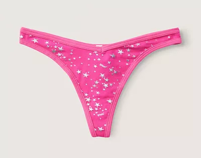 Victorias Secret PINK Cotton Thong String Panty V-cut Atomic Pink Silver Stars L • $11.99