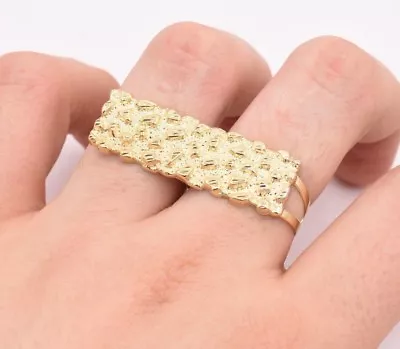 Men's Rectangular Nugget Diamond Cut Two Finger Ring Real 10K Yellow Gold S-11 • $329.99