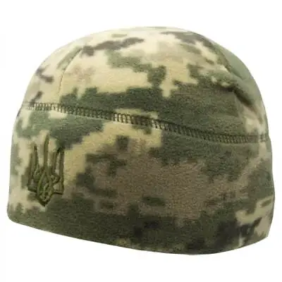 Fleece Military Camouflage Beanie Hat With Ukrainian Trident. Pixel Camouflage.  • $19.99