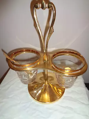 Vintage 5 Pieces Golden Gold Tone 2 Glass Cups & 2 Spoons Condiment Server Caddy • $24.99