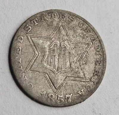 1857 Three 3 Cent Silver Fine F Or VF Very Fine Trime 3cs Problem Free • $84.99