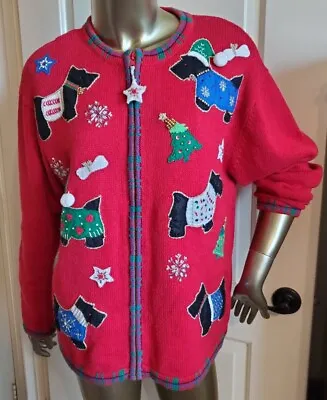 Vintage Ugly Christmas Sweater Scottie Dog  Size M TIARA INTERNATIONAL Cardigan • $24