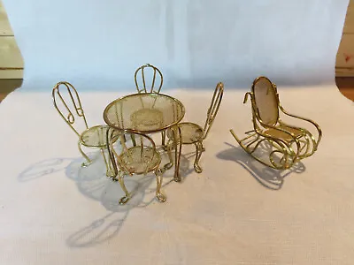 Miniature Dollhouse Brass Patio Or Kitchen Table & Chairs & Brass Rocking Chair • $18