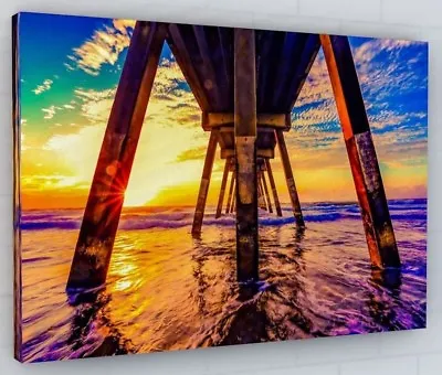 £38.85 • Buy Purple Sunset Beach Canvas Picture Print Wall Art Chunky Frame Large 