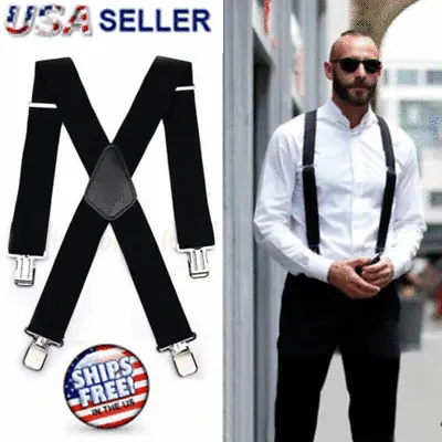 $7.69 • Buy Mens Braces Suspenders Black 50mm X Back Heavy Duty Biker Snowboard Trousers