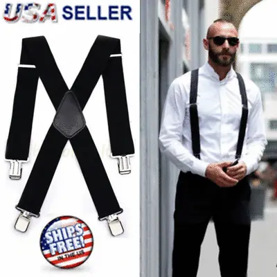 Mens Braces Suspenders Black 50mm X Back Heavy Duty Biker Snowboard Trousers • $8.39