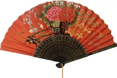 Vintage Gold Ruster Japanese Large Folding Fan Wagon & Flower Japan 22 Inches • $40