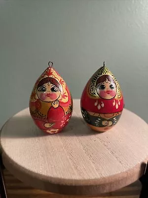 Painted Pair Of  Russian Matryoshka Wooden Nesting Doll Christmas Ornaments • $18