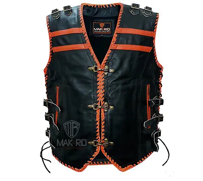 HD Men Genuine Leather Vest Buckled Zipper Motorcycle Concealed Rider Waistcoat • $129.99