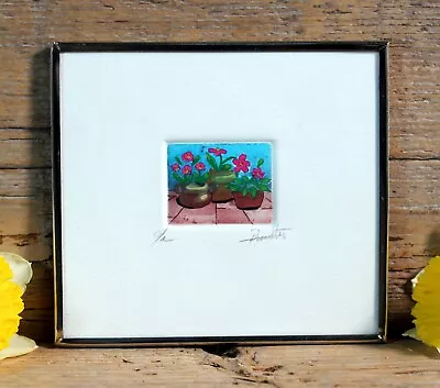 Flower Pots Still Life Hand Tinted Etching Color Print Handmade Mexican Folk Art • $34