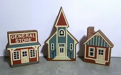 Vintnge Painted Wood Flat Shelf Sitters Village Church General Store House  • $21.99