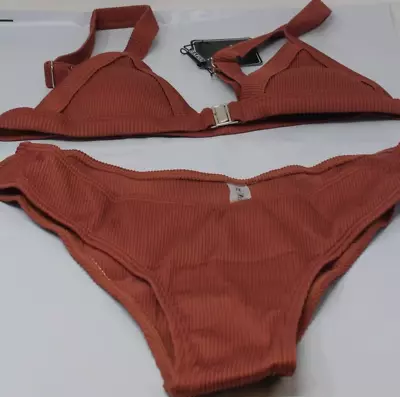 ZAFUL Ribbed Bikini Set Women Size S 4 Padded Bra Front Closure Deep Coffee NWT • $13.58