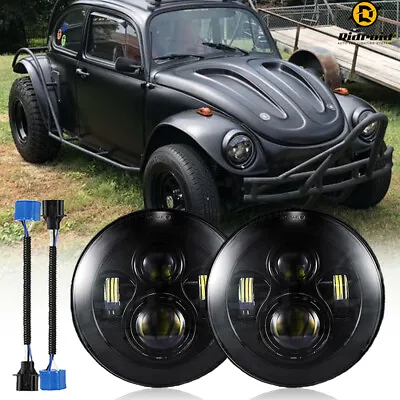 Pair 7  Inch LED Headlights Round Hi/Lo Sealed Beam H4 For VW Beetle Classic • $52.98