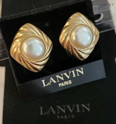 Vintage Lanvin Paris Canada Gold Plated Clip On Earrings With Pearls NEW - 5 • $89.99